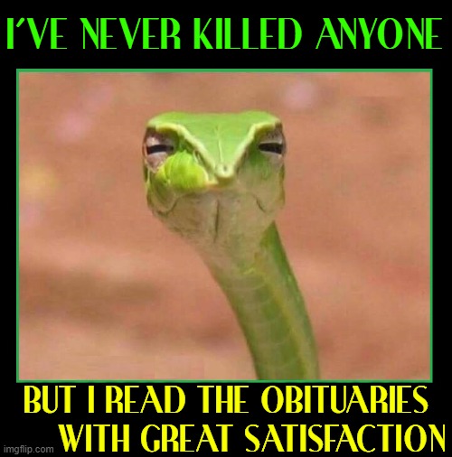 It's the little things that mean so much | I'VE NEVER KILLED ANYONE; BUT I READ THE OBITUARIES      WITH GREAT SATISFACTION | image tagged in vince vance,snake,obituaries,memes,satisfaction,getting even | made w/ Imgflip meme maker