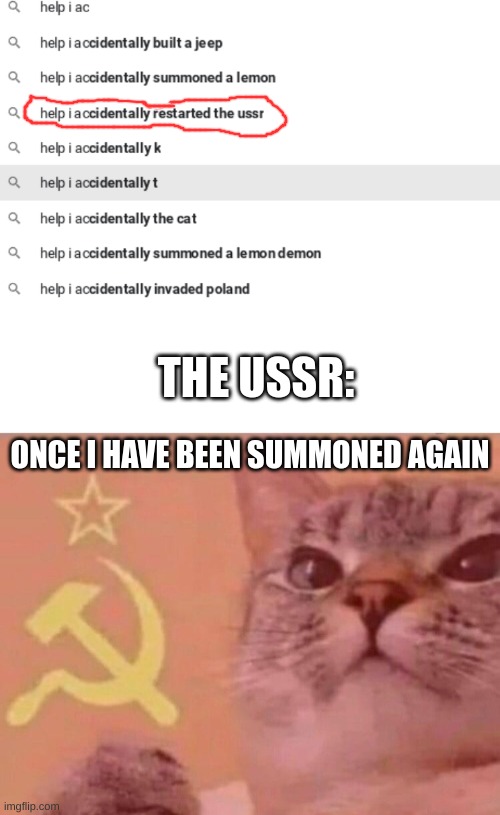 THE USSR:; ONCE I HAVE BEEN SUMMONED AGAIN | image tagged in blank white template,communist cat,ussr,memes,oh wow are you actually reading these tags,stop reading the tags | made w/ Imgflip meme maker