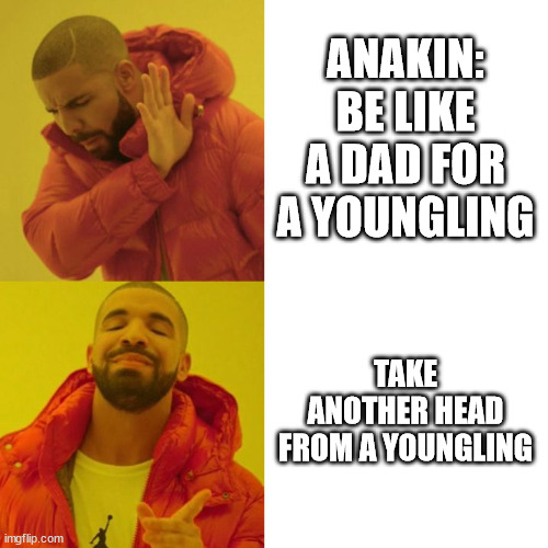 Drake Blank | ANAKIN:
BE LIKE A DAD FOR A YOUNGLING; TAKE ANOTHER HEAD FROM A YOUNGLING | image tagged in drake blank | made w/ Imgflip meme maker