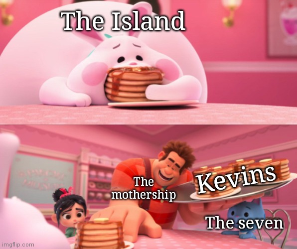 Wreck It Ralph feeding bunny | The Island Kevins The mothership The seven | image tagged in wreck it ralph feeding bunny | made w/ Imgflip meme maker