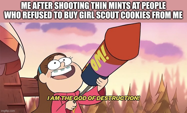 NEVER REFUSE THE TAGALONGS | ME AFTER SHOOTING THIN MINTS AT PEOPLE WHO REFUSED TO BUY GIRL SCOUT COOKIES FROM ME | image tagged in i am the god of destruction | made w/ Imgflip meme maker