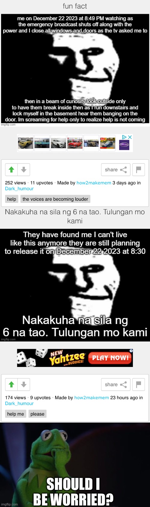 that gibberish is filipino for “they’ve already got 6 people. help us” | SHOULD I BE WORRIED? | image tagged in kermit worried face,worried,help,not funny | made w/ Imgflip meme maker