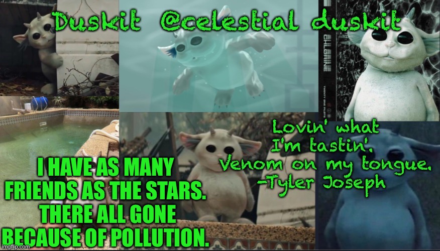 Clean out the air plz | I HAVE AS MANY FRIENDS AS THE STARS.  THERE ALL GONE BECAUSE OF POLLUTION. | image tagged in duskit s ned temp | made w/ Imgflip meme maker