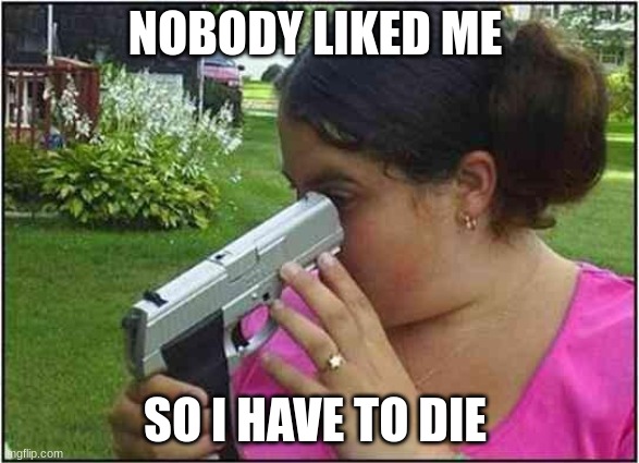 farewell messagesort of. | NOBODY LIKED ME; SO I HAVE TO DIE | image tagged in guns,funny,memes | made w/ Imgflip meme maker