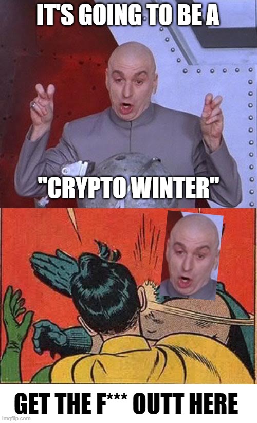 Dr Evil Crypto Winter | IT'S GOING TO BE A; "CRYPTO WINTER"; GET THE F*** OUTT HERE | image tagged in memes,dr evil laser,batman slapping robin,crypto,cryptocurrency,bitcoin | made w/ Imgflip meme maker