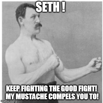 Overly Manly Man Meme | SETH !  KEEP FIGHTING THE GOOD FIGHT! MY MUSTACHE COMPELS YOU TO! | image tagged in memes,overly manly man | made w/ Imgflip meme maker