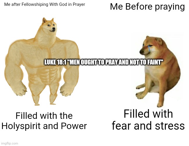 Prayer is Important | Me Before praying; Me after Fellowshiping With God in Prayer; LUKE 18:1 "MEN OUGHT TO PRAY AND NOT TO FAINT"; Filled with fear and stress; Filled with the Holyspirit and Power | image tagged in memes,buff doge vs cheems | made w/ Imgflip meme maker