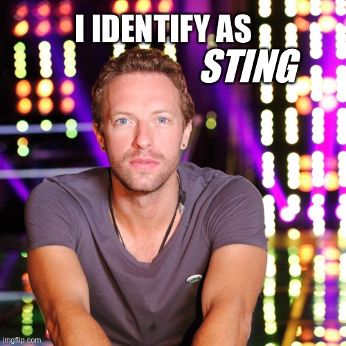 I identify as Sting |  STING; I IDENTIFY AS | image tagged in sting,chris martin,coldplay,gender identity | made w/ Imgflip meme maker