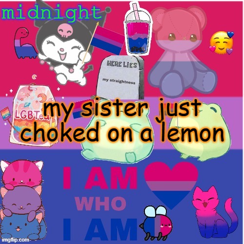 i dont know what to do. help?? | midnight; my sister just choked on a lemon | image tagged in midnight's bi temp | made w/ Imgflip meme maker