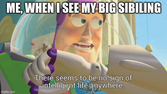 When I see my big sibiling | ME, WHEN I SEE MY BIG SIBILING | image tagged in there seems to be no sign of intelligent life anywhere | made w/ Imgflip meme maker