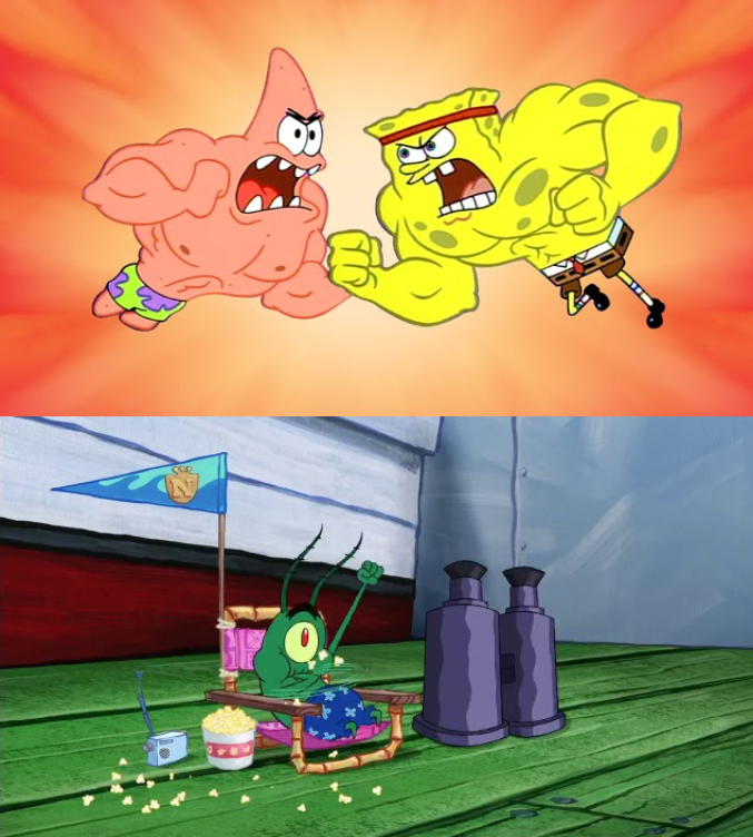 SpongeBob and Patrick fighting with Plankton cheering them Blank Meme Template