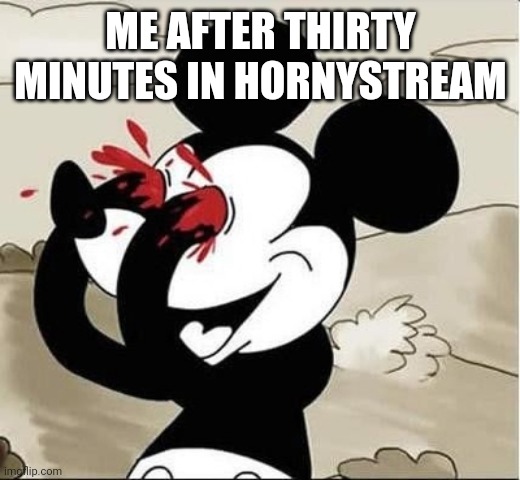 mickey mouse eyes | ME AFTER THIRTY MINUTES IN HORNYSTREAM | image tagged in mickey mouse eyes | made w/ Imgflip meme maker