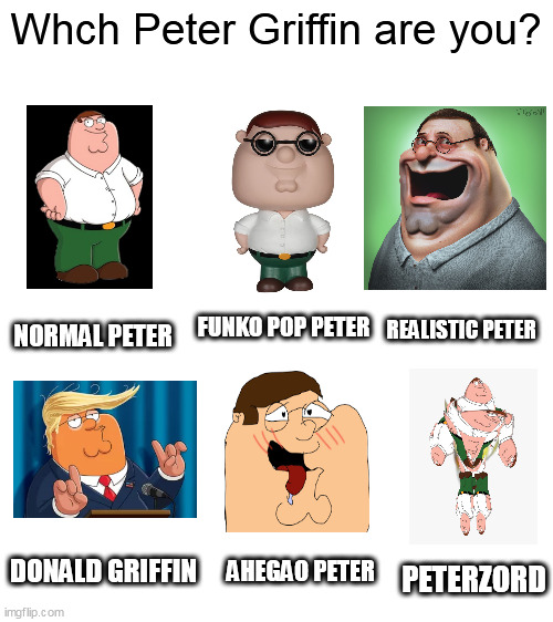 Put more Peter Griffins + name in the comments | Whch Peter Griffin are you? FUNKO POP PETER; NORMAL PETER; REALISTIC PETER; DONALD GRIFFIN; PETERZORD; AHEGAO PETER | image tagged in blank white template,memes,family guy | made w/ Imgflip meme maker