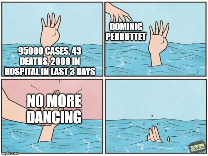 High five drown | DOMINIC PERROTTET; 95000 CASES, 43 DEATHS, 2000 IN HOSPITAL IN LAST 3 DAYS; NO MORE DANCING | image tagged in high five drown | made w/ Imgflip meme maker