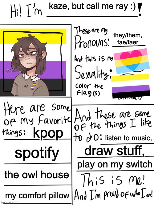 about me! i did one of these almost a year ago, so i thought it needed an update :] | kaze, but call me ray :); they/them, fae/faer; kpop; listen to music, spotify; draw stuff, play on my switch; the owl house; my comfort pillow | image tagged in lgbtq stream account profile | made w/ Imgflip meme maker