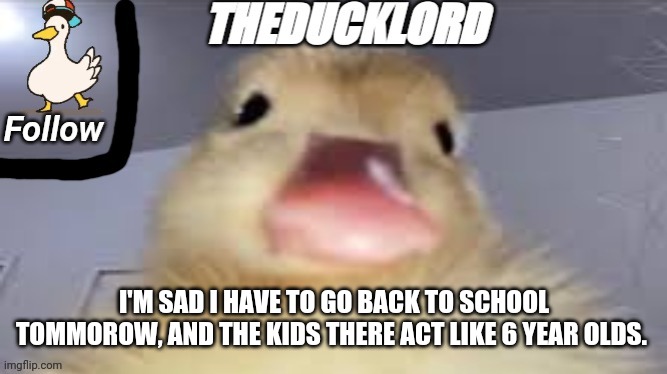 Theducklord template 2 | I'M SAD I HAVE TO GO BACK TO SCHOOL TOMMOROW, AND THE KIDS THERE ACT LIKE 6 YEAR OLDS. | image tagged in theducklord template 2 | made w/ Imgflip meme maker