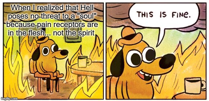 LOL!!! | When I realized that Hell poses no threat to a "soul" because pain receptors are in the flesh... not the spirit | image tagged in memes,this is fine,religion,anti-religion,hell,soul | made w/ Imgflip meme maker