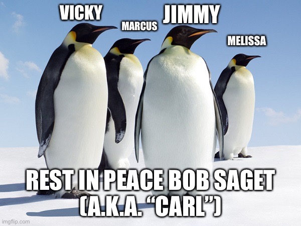 Rest In Peace Bob Saget |  JIMMY; VICKY; MARCUS; MELISSA; REST IN PEACE BOB SAGET
(A.K.A. “CARL”) | image tagged in group of penguins,memes,bob saget,carl,movie,rest in peace | made w/ Imgflip meme maker