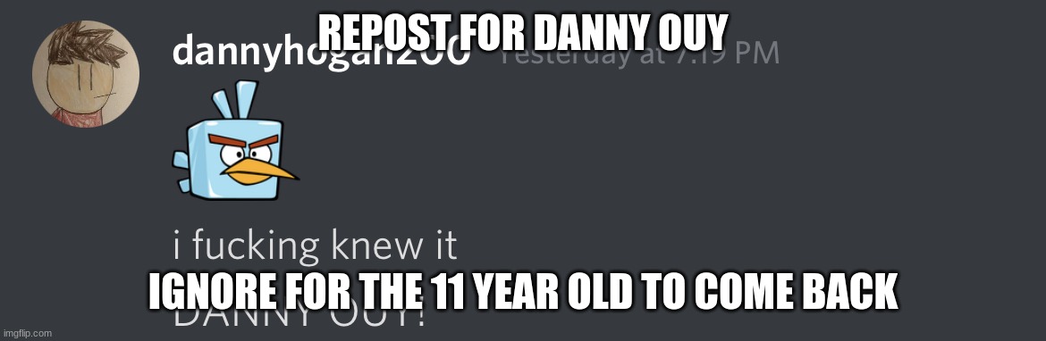 DANNY OUY! | REPOST FOR DANNY OUY; IGNORE FOR THE 11 YEAR OLD TO COME BACK | image tagged in danny ouy | made w/ Imgflip meme maker