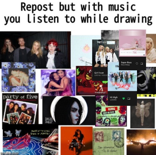 Mine are Loona ( girl front and Hi high) and Nicki Minaj ( super bass) might be singing Loona lyrics in the comments | image tagged in drawing,drawings | made w/ Imgflip meme maker