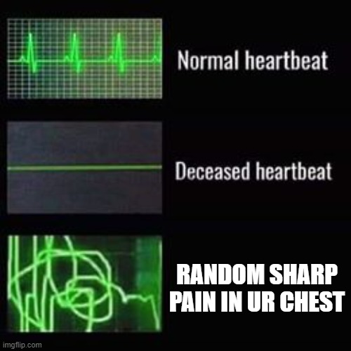 heartbeat rate | RANDOM SHARP PAIN IN UR CHEST | image tagged in heartbeat rate | made w/ Imgflip meme maker
