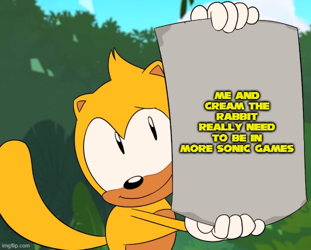 Well you're not wrong ray. | Me and cream the rabbit really need to be in more sonic games | image tagged in ray holding a poster,memes | made w/ Imgflip meme maker