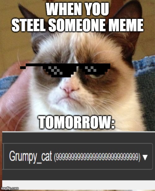 when you steel someone meme | WHEN YOU STEEL SOMEONE MEME; TOMORROW: | image tagged in memes,grumpy cat | made w/ Imgflip meme maker