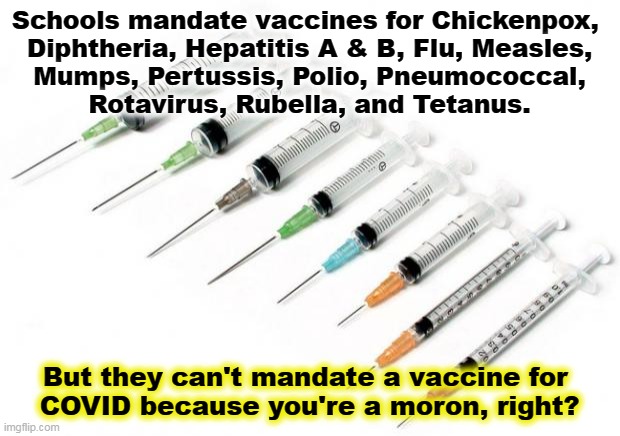 Trump kills children this way. You do realize this, don't you? | Schools mandate vaccines for Chickenpox, 

Diphtheria, Hepatitis A & B, Flu, Measles, Mumps, Pertussis, Polio, Pneumococcal, Rotavirus, Rubella, and Tetanus. But they can't mandate a vaccine for 
COVID because you're a moron, right? | image tagged in needles,schools,vaccines,disease,save,children | made w/ Imgflip meme maker