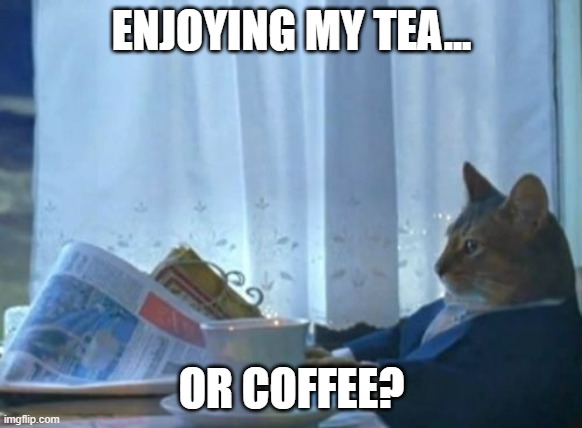 Tea or Coffee? | ENJOYING MY TEA... OR COFFEE? | image tagged in memes,i should buy a boat cat | made w/ Imgflip meme maker