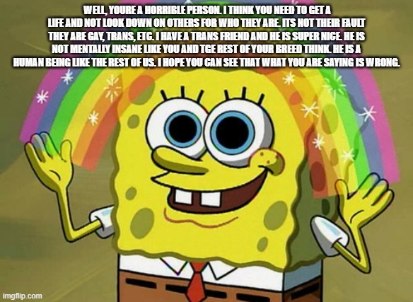 (moo: copypasta zone?) | WELL, YOURE A HORRIBLE PERSON. I THINK YOU NEED TO GET A LIFE AND NOT LOOK DOWN ON OTHERS FOR WHO THEY ARE. ITS NOT THEIR FAULT THEY ARE GAY, TRANS, ETC. I HAVE A TRANS FRIEND AND HE IS SUPER NICE. HE IS NOT MENTALLY INSANE LIKE YOU AND TGE REST OF YOUR BREED THINK. HE IS A HUMAN BEING LIKE THE REST OF US. I HOPE YOU CAN SEE THAT WHAT YOU ARE SAYING IS WRONG. | image tagged in memes,imagination spongebob | made w/ Imgflip meme maker