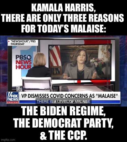 Kamala, the commie, admits that she’s one of the reasons for today’s malaise. | KAMALA HARRIS,
THERE ARE ONLY THREE REASONS 
FOR TODAY’S MALAISE:; THE BIDEN REGIME,
THE DEMOCRAT PARTY,
& THE CCP. | image tagged in kamala harris,joe biden,democrat party,communists,special kind of stupid,china virus | made w/ Imgflip meme maker
