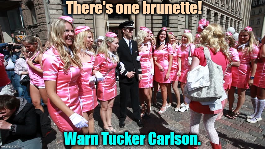 They're a threat to the American Way of Life! | There's one brunette! Warn Tucker Carlson. | image tagged in tucker carlson,liar,white supremacists,immigrants | made w/ Imgflip meme maker