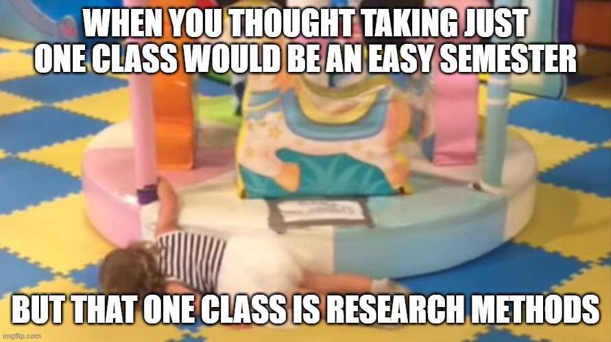 Research Methods | WHEN YOU THOUGHT TAKING JUST ONE CLASS WOULD BE AN EASY SEMESTER; BUT THAT ONE CLASS IS RESEARCH METHODS | image tagged in research,tired,busy,nosleep,researchmethods,collegelife | made w/ Imgflip meme maker