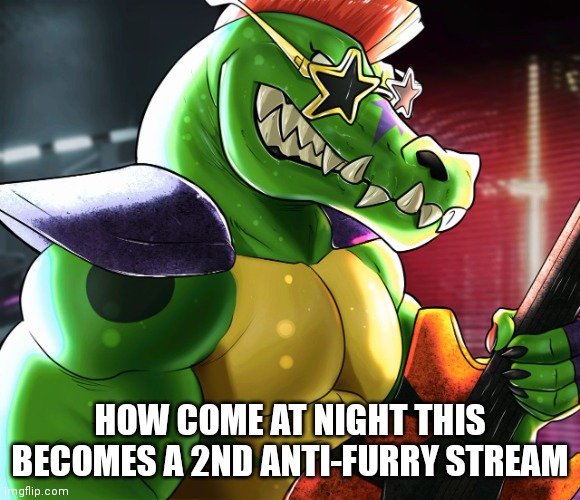 HOW COME AT NIGHT THIS BECOMES A 2ND ANTI-FURRY STREAM | image tagged in monty gator announcement template | made w/ Imgflip meme maker