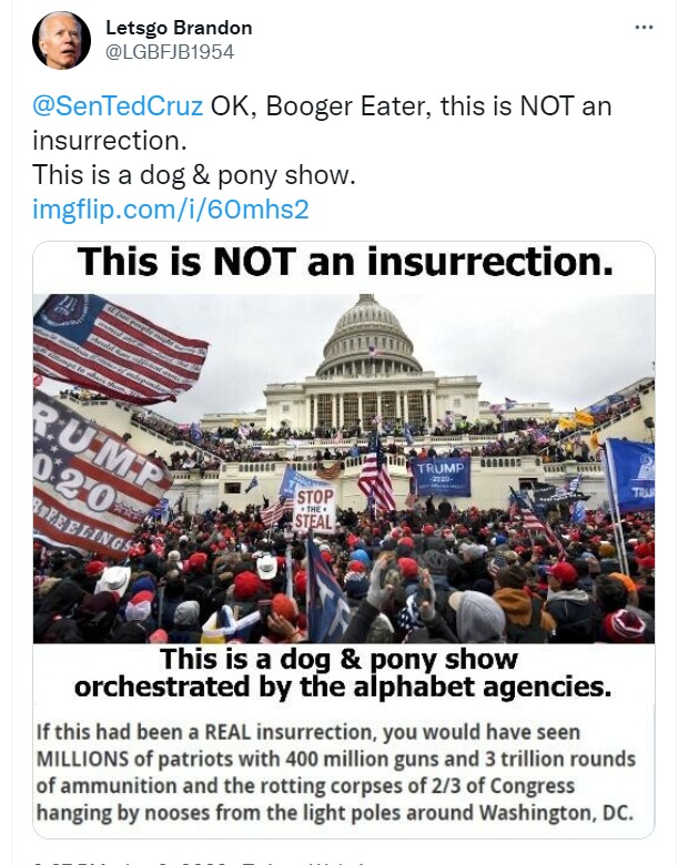 Ted Cruz Booger Eater insurrection tweet | image tagged in booger eater,ted cruz,insurrection,j6,sounds like communist propaganda,crush the commies | made w/ Imgflip meme maker