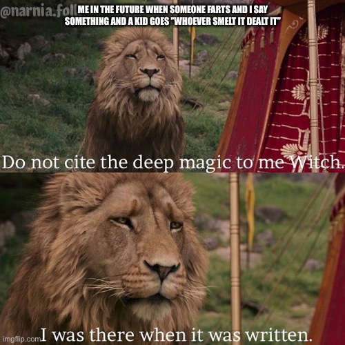 Yes wordy I KNOW | ME IN THE FUTURE WHEN SOMEONE FARTS AND I SAY SOMETHING AND A KID GOES ’’WHOEVER SMELT IT DEALT IT’’ | image tagged in do not cite the deep magic to me witch | made w/ Imgflip meme maker