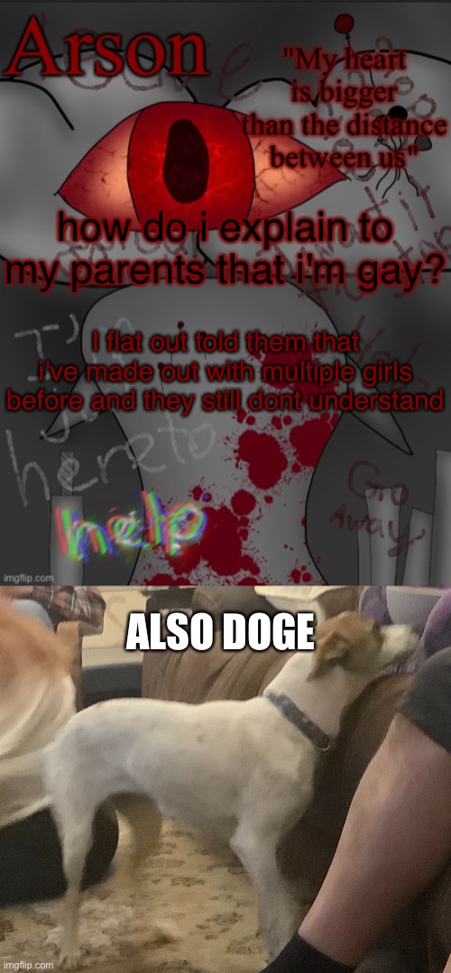 how do i explain to my parents that i'm gay? I flat out told them that i've made out with multiple girls before and they still dont understand; ALSO DOGE | image tagged in arson's announcement temp | made w/ Imgflip meme maker