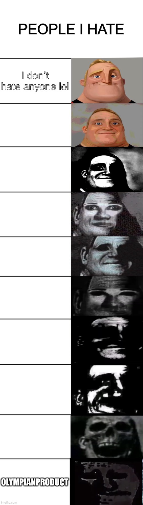 Mr. Incredible becoming uncanny | PEOPLE I HATE; I don’t hate anyone lol; OLYMPIANPRODUCT | image tagged in mr incredible becoming uncanny | made w/ Imgflip meme maker