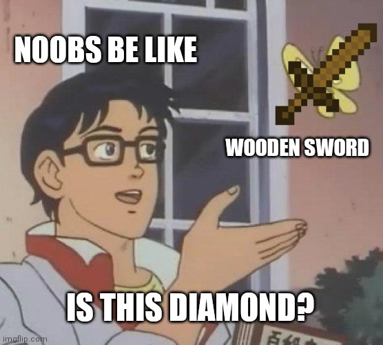 Is This A Pigeon | NOOBS BE LIKE; WOODEN SWORD; IS THIS DIAMOND? | image tagged in memes,is this a pigeon | made w/ Imgflip meme maker