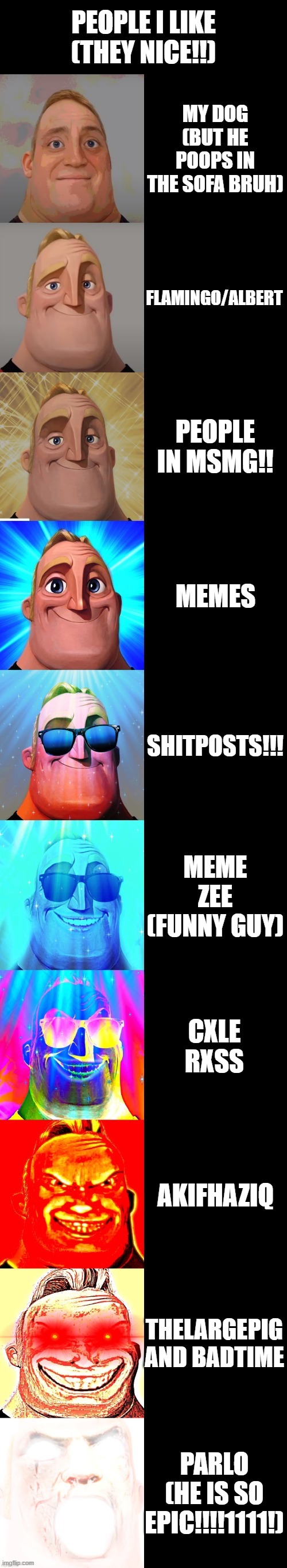 mr incredible becoming canny | PEOPLE I LIKE (THEY NICE!!) MY DOG (BUT HE POOPS IN THE SOFA BRUH) FLAMINGO/ALBERT PEOPLE IN MSMG!! MEMES SHITPOSTS!!! MEME ZEE (FUNNY GUY)  | image tagged in mr incredible becoming canny | made w/ Imgflip meme maker