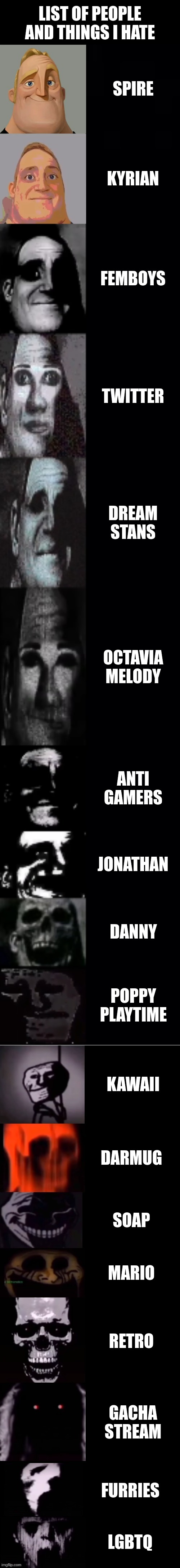 mr incredible becoming uncanny 1st extension | LIST OF PEOPLE AND THINGS I HATE; SPIRE; KYRIAN; FEMBOYS; TWITTER; DREAM STANS; OCTAVIA MELODY; ANTI GAMERS; JONATHAN; DANNY; POPPY PLAYTIME; KAWAII; DARMUG; SOAP; MARIO; RETRO; GACHA STREAM; FURRIES; LGBTQ | image tagged in mr incredible becoming uncanny 1st extension | made w/ Imgflip meme maker