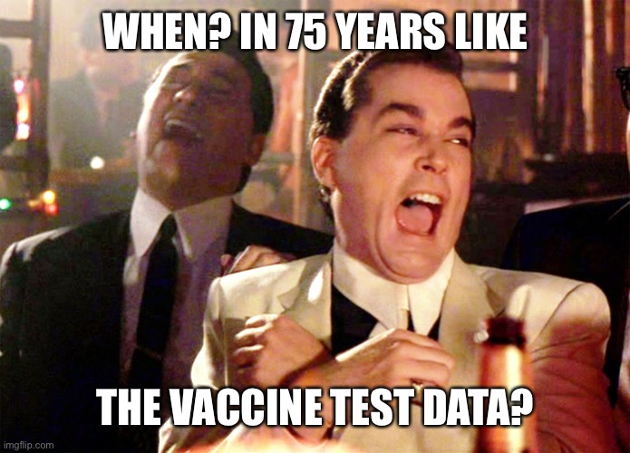 Good Fellas Hilarious Meme | WHEN? IN 75 YEARS LIKE THE VACCINE TEST DATA? | image tagged in memes,good fellas hilarious | made w/ Imgflip meme maker
