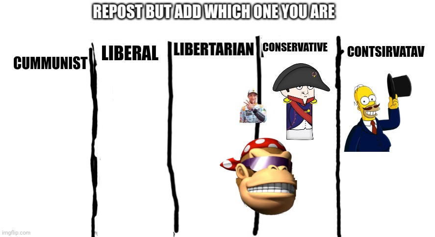 Keep it going. Add yourself. | CONTSIRVATAV; CUMMUNIST; CONSERVATIVE; LIBERAL | image tagged in blank white template,important,political,propaganda | made w/ Imgflip meme maker