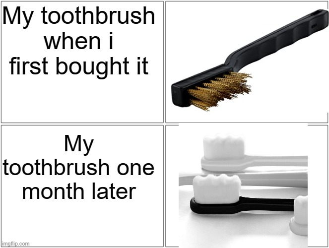 what | My toothbrush when i first bought it; My toothbrush one month later | image tagged in memes,blank comic panel 2x2 | made w/ Imgflip meme maker