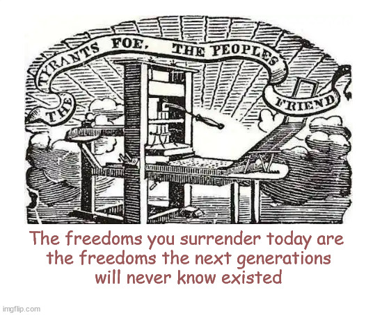 The freedoms you surrender today ... | The freedoms you surrender today are 
the freedoms the next generations
will never know existed | image tagged in freedom | made w/ Imgflip meme maker