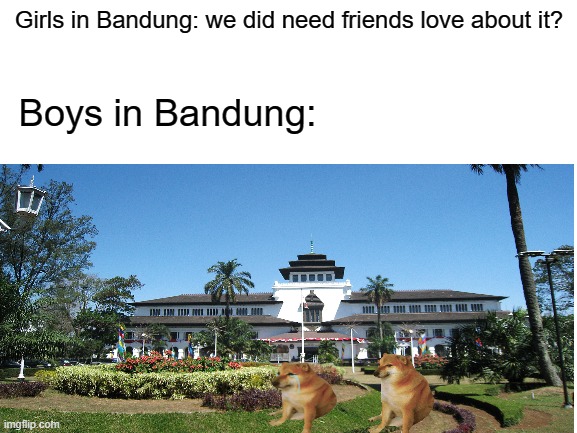Boys vs girls after Bandung, West Java | Girls in Bandung: we did need friends love about it? Boys in Bandung: | image tagged in memes,funny | made w/ Imgflip meme maker