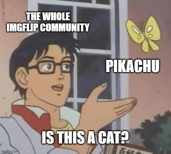 Is This A Pigeon | THE WHOLE IMGFLIP COMMUNITY; PIKACHU; IS THIS A CAT? | image tagged in memes,is this a pigeon | made w/ Imgflip meme maker