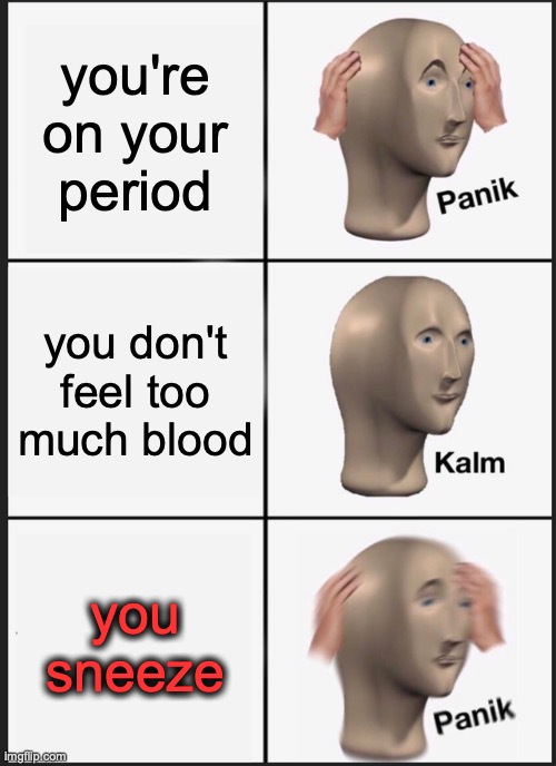 me on my period all the time | you're on your period; you don't feel too much blood; you sneeze | image tagged in memes,panik kalm panik | made w/ Imgflip meme maker