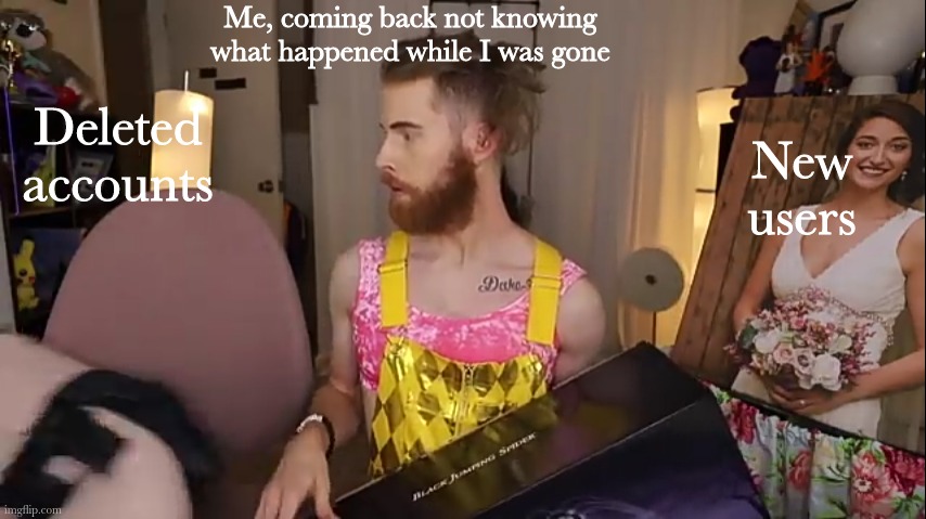 Brandon Farris concerned | Me, coming back not knowing what happened while I was gone; Deleted accounts; New users | image tagged in brandon farris concerned | made w/ Imgflip meme maker
