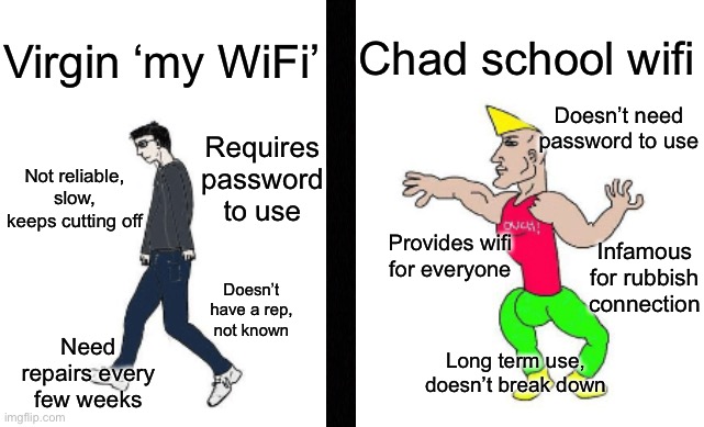 Virgin vs Chad | Chad school wifi; Virgin ‘my WiFi’; Doesn’t need password to use; Requires password to use; Not reliable, slow, keeps cutting off; Provides wifi for everyone; Infamous for rubbish connection; Doesn’t have a rep, not known; Need repairs every few weeks; Long term use, doesn’t break down | image tagged in virgin vs chad | made w/ Imgflip meme maker